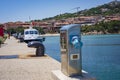 Sardinia, Italy May 26, 2018: Electricity and water station in yacht harbor Sardinia . Charging station for boats, electrical Royalty Free Stock Photo