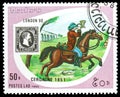 Sardinia 1851 stamp and post rider, Stamp World London -90 serie, circa 1990 Royalty Free Stock Photo