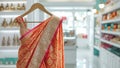 Saree Indian dress in white luxury boutique background. Indian attire in fashion store. Festive outfit. Beautiful Bollywood