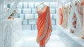 Saree Indian dress in white luxury boutique background. Indian attire in fashion store. Festive outfit. Beautiful Bollywood