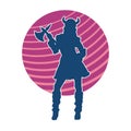 Silhouette of a woman viking fighter character in action pose with armor suit and axe weapon.