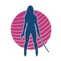 Silhouette of a female fighter character in pose with samurai blade. Royalty Free Stock Photo