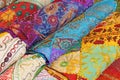 Sari. Bright colored fabrics India. It is built on the market. H