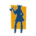 Silhouette of a woman viking fighter character in action pose with armor suit and axe weapon.