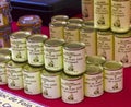 Piles of cans at a shopwindow in Sarlat-la-Caneda. Foie gras is a famous product from