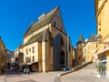 The market hall of a a beautiful french yellow stone town of Perigord