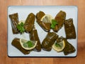 Sarma - Filled or Stuffed Vine Grape Leaves on Wood Table Royalty Free Stock Photo