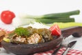 Sarma, stuffed grape leaves in wooden plate Royalty Free Stock Photo