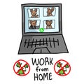 Sars cov 2 crisis work from home banner poster. Connect virtually video confrencing cute bunny covid 19 infographic for