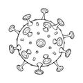 SARS-CoV-2 virion schematic representation. COVID-19 infectious agent. Black line drawing isolated on white background.