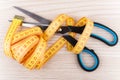 Sartorial scissors and tape-line on wooden table