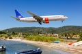 SAS Scandinavian Airlines Boeing 737-800 airplane Skiathos airport in Greece Royalty Free Stock Photo