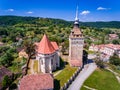 Saschiz Church and Clock Tower in the village Saschiz, Transylvania, Romania Royalty Free Stock Photo