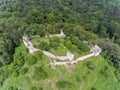 Saschiz fortress in Transylvania, Romania. Aerial view from a dr