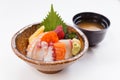 Sashimi Don Served with Seaweed, Wasabi, Prickle Ginger and Miso Soup