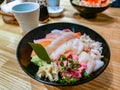 Sashimi fresh sea food, Sashimi of fresh raw Salmon and roe on rice Royalty Free Stock Photo