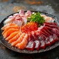 Sashimi, Fresh Seafood Dish, Smoked Salted Raw White Fish Fillet Slices, Red Fish, Toothfish, Salmon Royalty Free Stock Photo