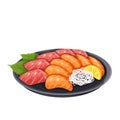 Sashimi, Japanese food, plate with salmon and tuna slices, pieces of raw fish and meat Royalty Free Stock Photo