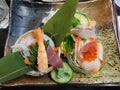 Sashimi, mixed raw fish on the dish, Japanese style, japanese food