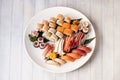 Sashimi Moriawase, sushi, uramaki california roll, norwegian salmon nigiri,