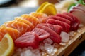 Sashimi platter displayed in the sRGB color space, with salmon and tuna slices resting on ice cubes Royalty Free Stock Photo