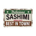 Sashimi rusty metal plate, Japanese food vector vintage rust tin sign. Sushi bar menu, shrimp or prawn seafood with rice