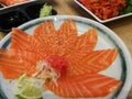 Sashimi salmon set, raw fish, japanese food. sashimi sushi set with chopsticks and soy Royalty Free Stock Photo