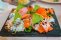 Sashimi Salmon Tuna Hamachi Prawn and Surf Calm set, raw fish, japanese food in Asian restaurant Royalty Free Stock Photo