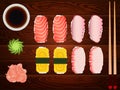 Sashimi set ginger tuna soy sause chopsticks wood Royalty Free Stock Photo