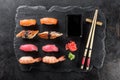 Sashimi sushi with chopsticks and soy