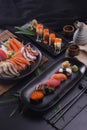 Sashimi and sushi Japanese food set. Salmon, Ikura, wasabi, fish, shrimp and tuna Royalty Free Stock Photo