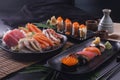 Sashimi and sushi Japanese food set. Salmon, Ikura, wasabi, fish, shrimp and tuna Royalty Free Stock Photo