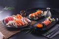 Sashimi and sushi Japanese food set. Salmon, Ikura, wasabi, fish, shrimp and tuna Royalty Free Stock Photo