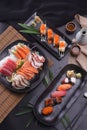 Sashimi and sushi Japanese food set. Salmon, Ikura, wasabi, fish, shrimp and tuna Royalty Free Stock Photo