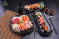 Sashimi and sushi Japanese food set. Salmon, Ikura, wasabi, fish, shrimp and tuna Royalty Free Stock Photo