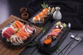 Sashimi and sushi Japanese food set. Salmon, Ikura, wasabi, fish, shrimp and tuna Royalty Free Stock Photo