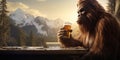 Sasquatch drinking a cold craft beer with scenic view