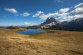 Sass de Putia mount behind a small alpine lake in Dolomites