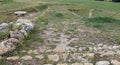 Sassari, Sardinia in Italy, May 18 2023. Entrance ramp to the altar of Monte d\'Accoddi with a menhir and a sacred