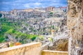 Sassi di Matera blurred view of historical centre Sasso Caveoso of old ancient town with rock cave houses