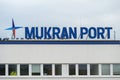 Sassnitz Mukran, Germany, August 20, 2020: Mukran Port letters and logo sign on the terminal and office building for ferries and