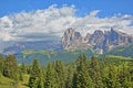 Sassolungo and Sassopiatto mountains viewed from Alpe de Siusi above Ortisei, with Sella group mountains in the background, Val Ga