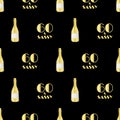 60 and sassy birthday vector seamless pattern with hand drawn champagne bottles and glasses. Gold and black background Royalty Free Stock Photo