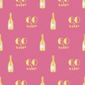 60 and sassy birthday vector seamless pattern with hand drawn champagne bottles and glasses. Gold and hot pink Royalty Free Stock Photo