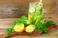 Sassy water. Fresh cool water with cucumber, lemon, ginger and mint. Detox and weight loss. Royalty Free Stock Photo