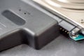 Sata cable connected to hdd 2.5 hard drive disk closeup view Royalty Free Stock Photo