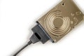 Sata cable connected to hdd 2.5 hard drive disk on white background closeup view Royalty Free Stock Photo