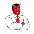 Satan boss. Devil businessman in white suit. Red demon with horn