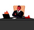 Satan boss sitting in office. Devil of workplace. Red demon at w