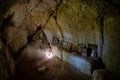 Sataniv, Ukraine - October 14, 2023: ancient Rock-cave monastery in the past a pagan temple, a place of pilgrimage. interior in